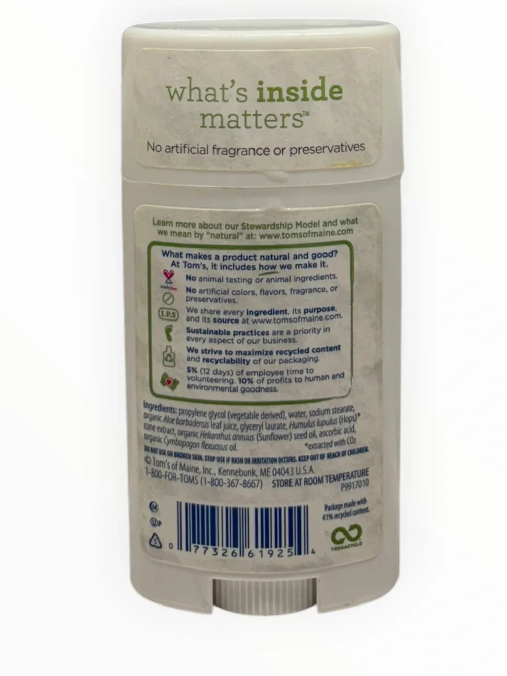 Tom's of Maine Original Care Deodorant Natural Odor Protection UNSCENTED 2.25oz
